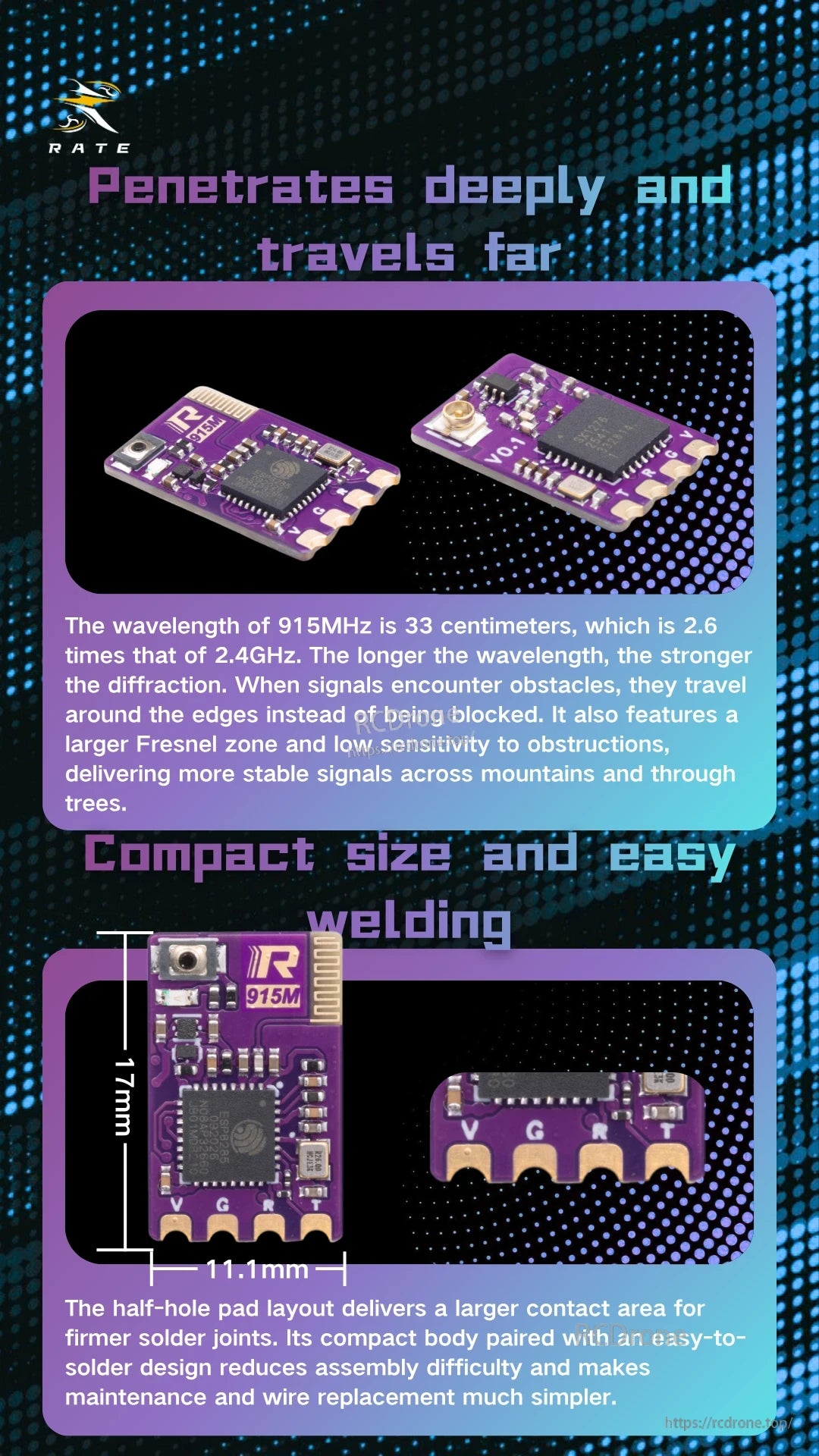 RATEFPV ELRS 915MHz Receiver board with semi-hole pads and compact 17 x 10.7mm layout