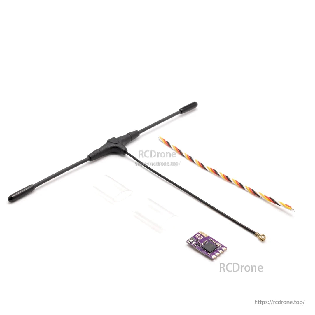 Receiver kit contents with T-style antenna, IPEX lead, wiring harness, heat-shrink tubes, and PCB