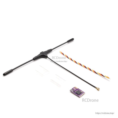 Receiver kit contents with T-style antenna, IPEX lead, wiring harness, heat-shrink tubes, and PCB
