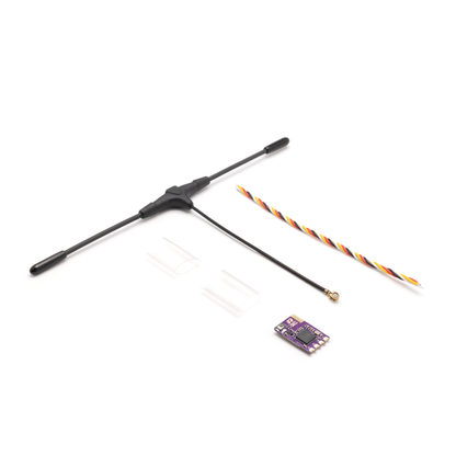 ELRS receiver accessories arranged with antenna, IPEX connector cable, twisted wire lead, and PCB