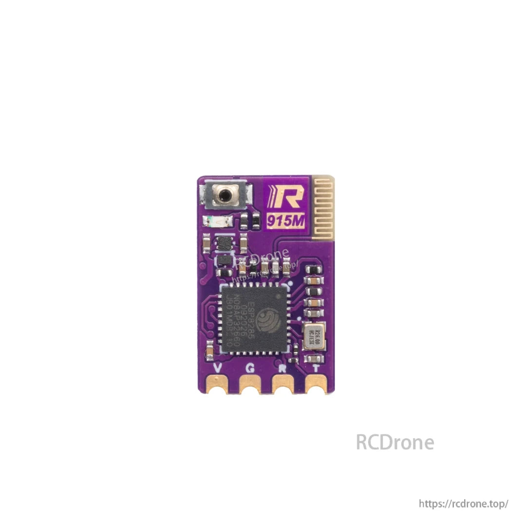RATEFPV ELRS 915MHz Receiver front view showing 915M marking, IPEX connector, and V G R T pads