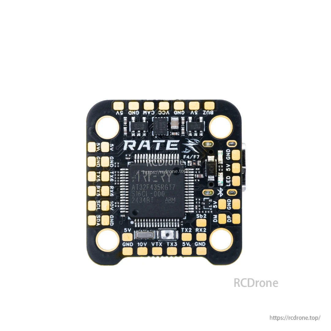 RATEFPV F4V4 F435 40A Mini Flight Controller front view with labeled solder pads