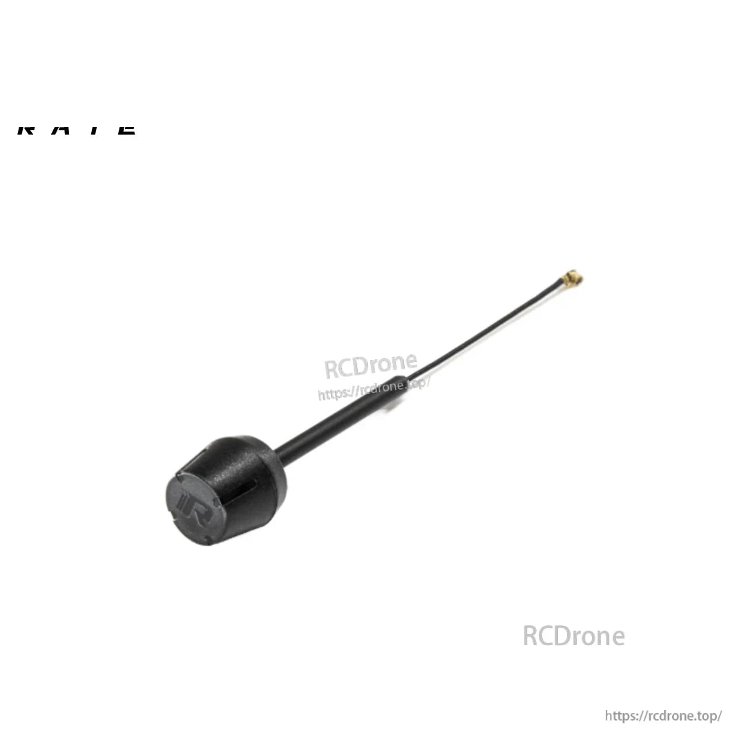 Black cylindrical antenna with coaxial cable and gold RF connector
