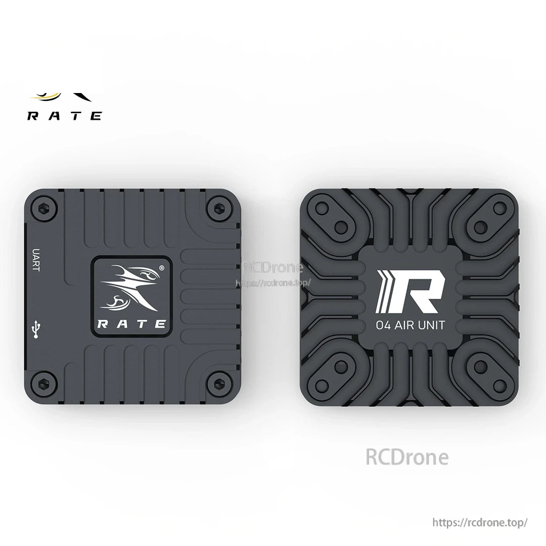 RATE enclosure and DJI O4 Air Unit shown side by side from above