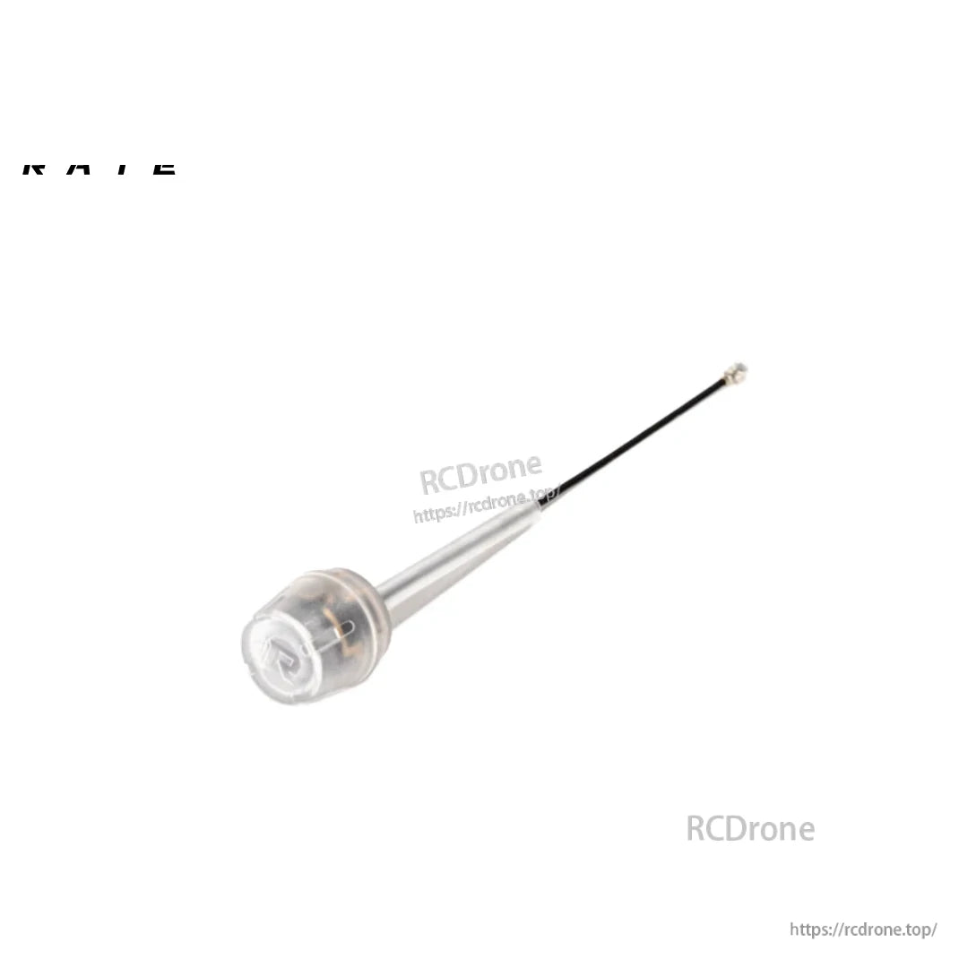 Transparent cylindrical antenna with a black coaxial lead and small RF connector