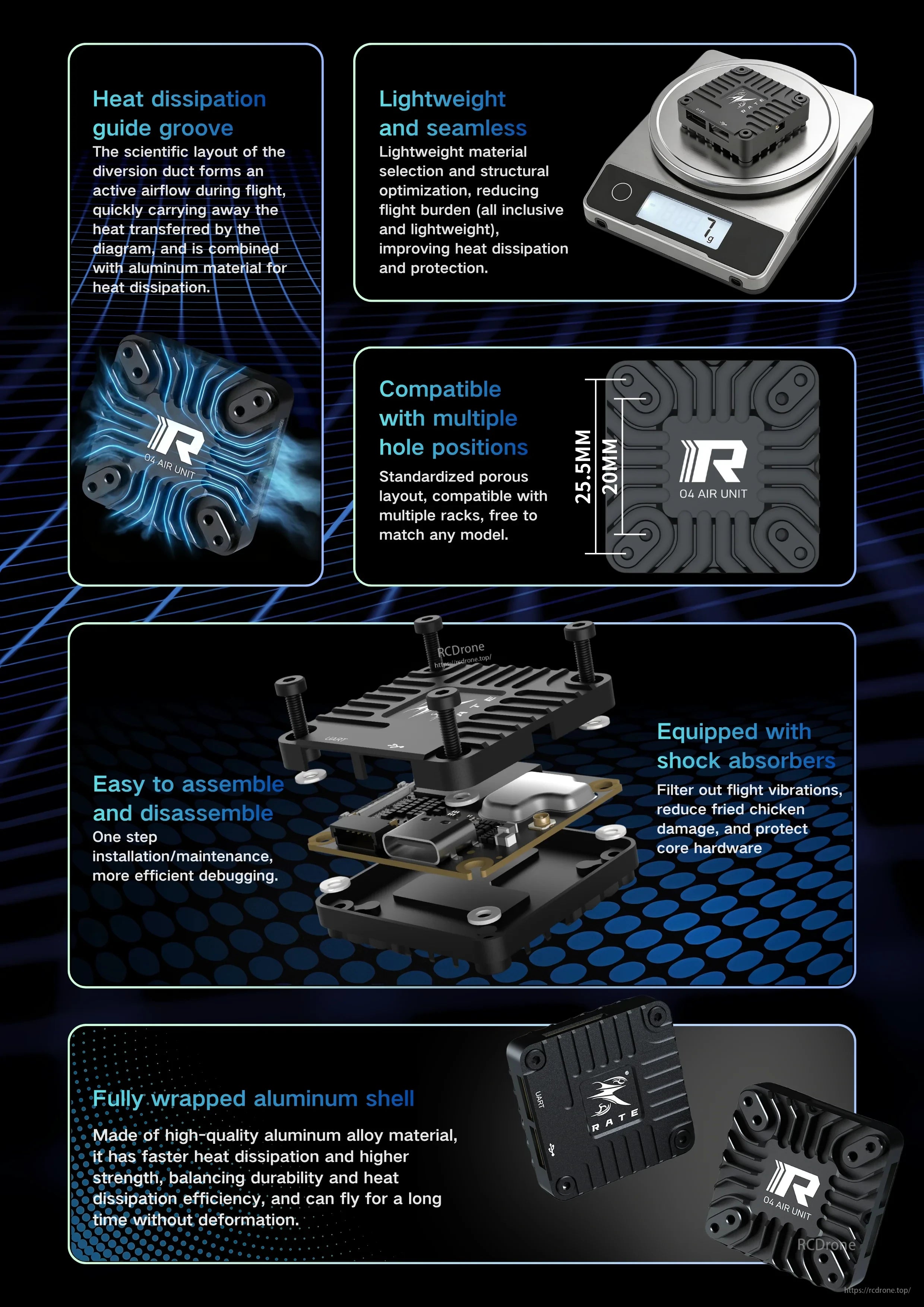 CNC aluminum O4 camera shell with heat-dissipation grooves, mounting holes and shock absorbers