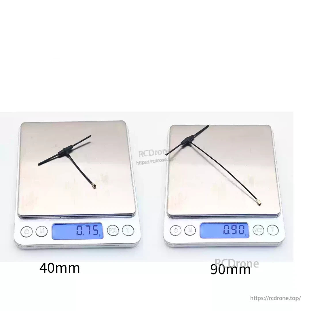 40mm and 90mm T-Type receiver antennas displayed separately on digital scales