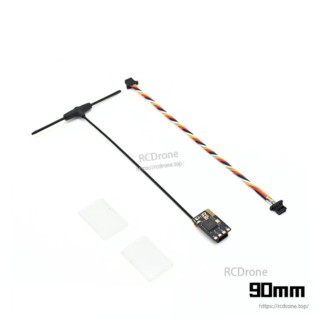 RATEFPV receiver assembly with extended antenna, cable, connector, and mounting pads marked 90 mm