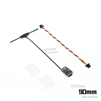 RATEFPV receiver assembly with extended antenna, cable, connector, and mounting pads marked 90 mm