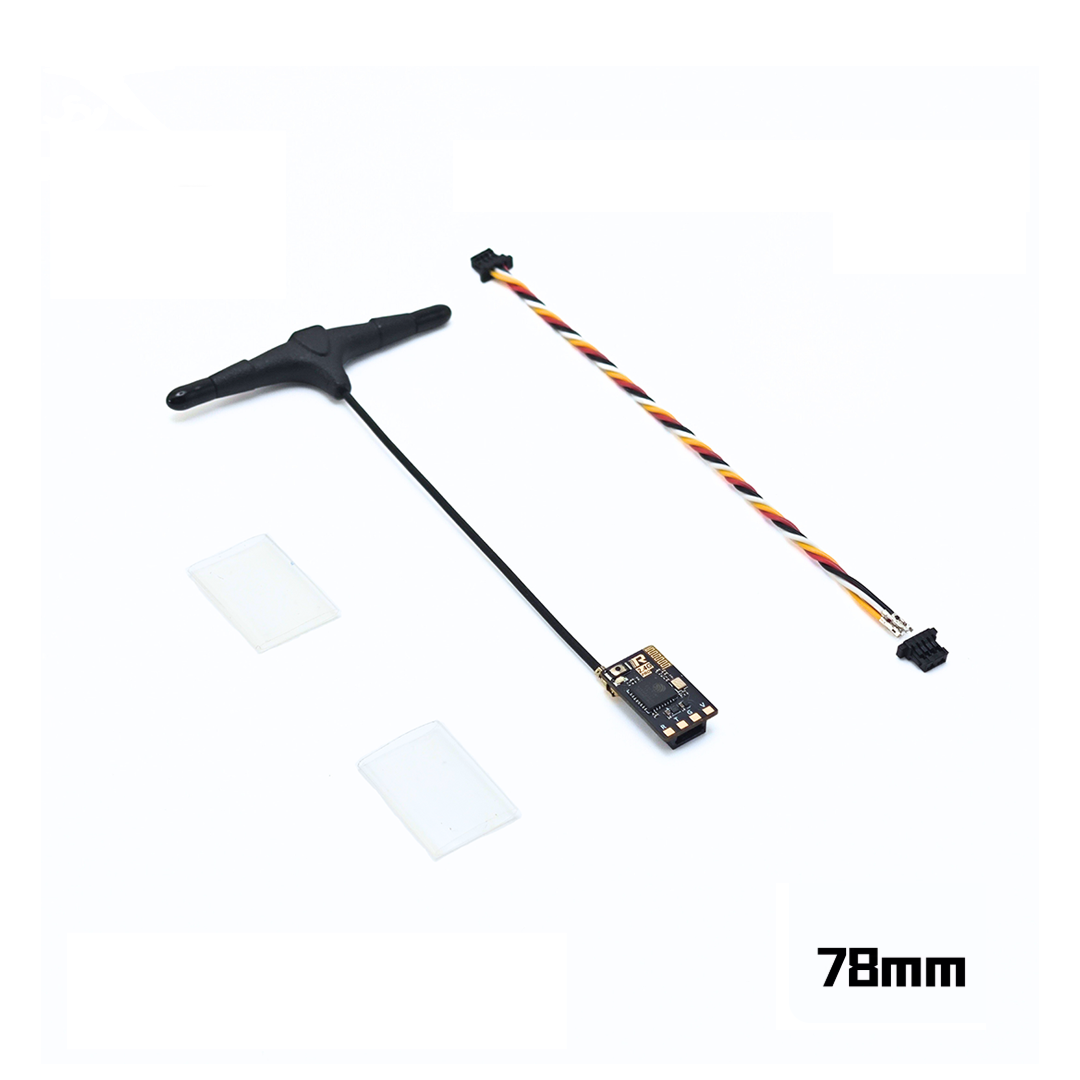 RATEFPV receiver assembly with antenna, cable, connector, and mounting pads marked 78 mm