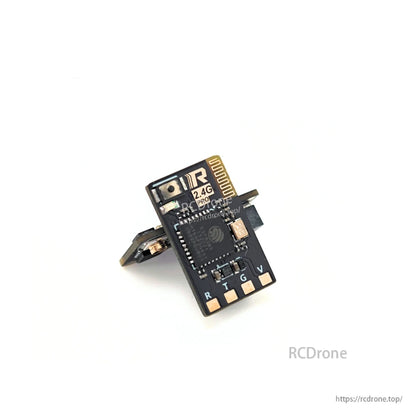 Close-up of RATEFPV 2.4G receiver circuit board with antenna connection and labeled solder pads