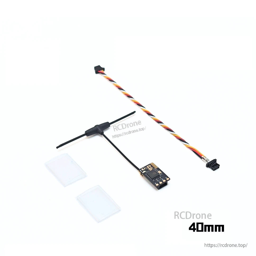 RATEFPV receiver with T-antenna, twisted cable, connector, and mounting pads marked 40 mm