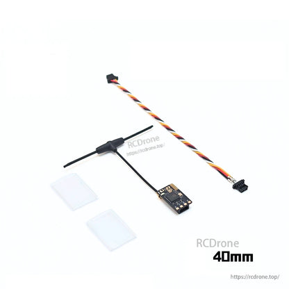 RATEFPV receiver with T-antenna, twisted cable, connector, and mounting pads marked 40 mm