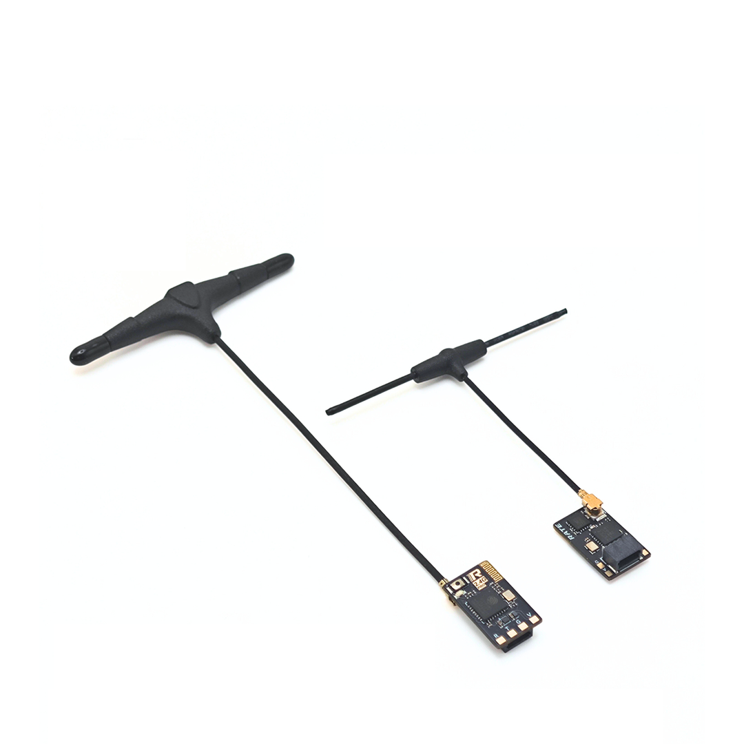Two RATEFPV 2.4G receivers displayed with different antenna arrangements and attached cables