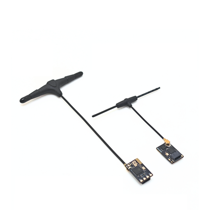 Two RATEFPV 2.4G receivers displayed with different antenna arrangements and attached cables