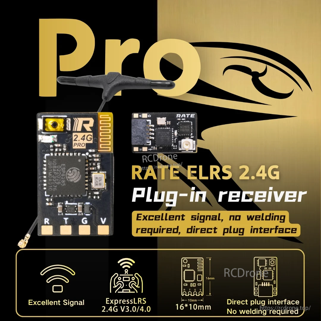 RATEFPV RATE ELRS2.4G Pro Receiver with 2.4G antenna and direct plug-in connector pads