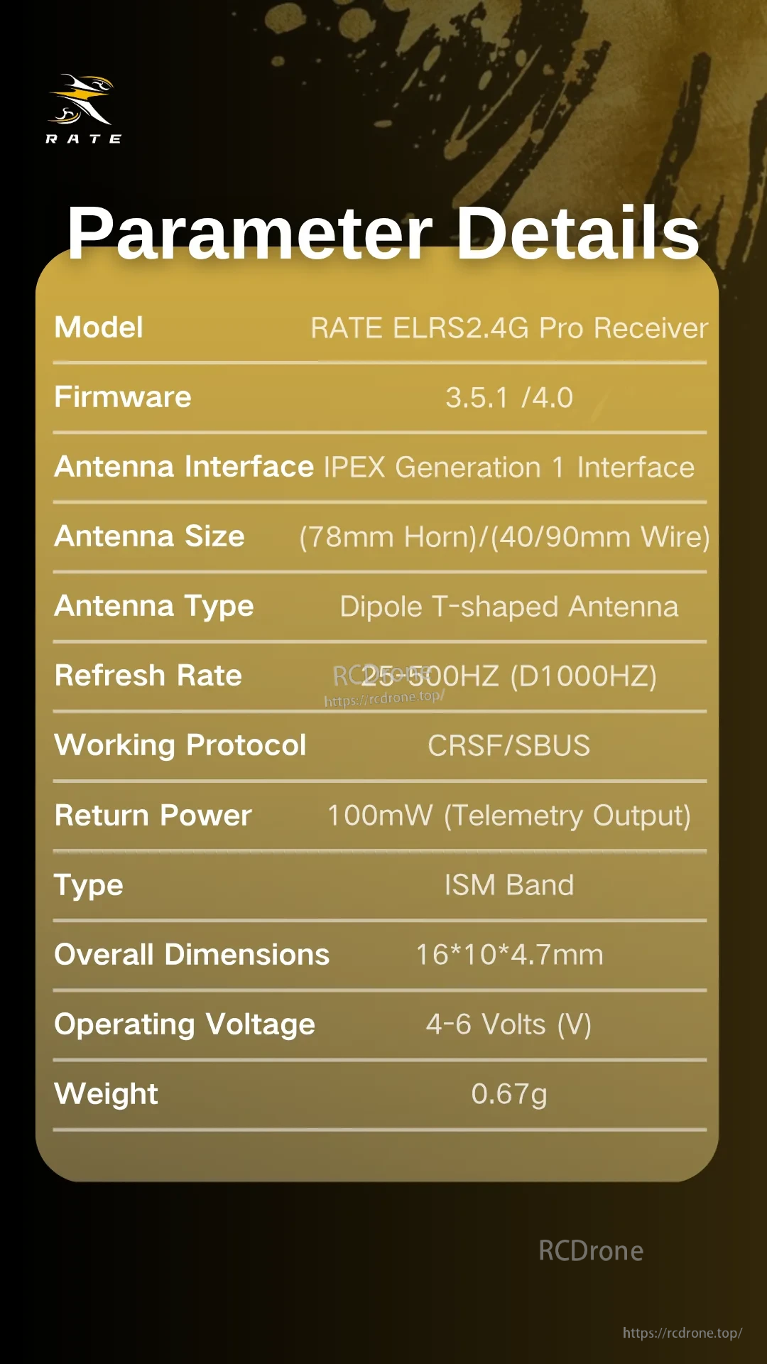 RATE ELRS2.4G Pro Receiver parameter table with 4-6 V input, CRSF/SBUS, 100 mW telemetry, and dimensions