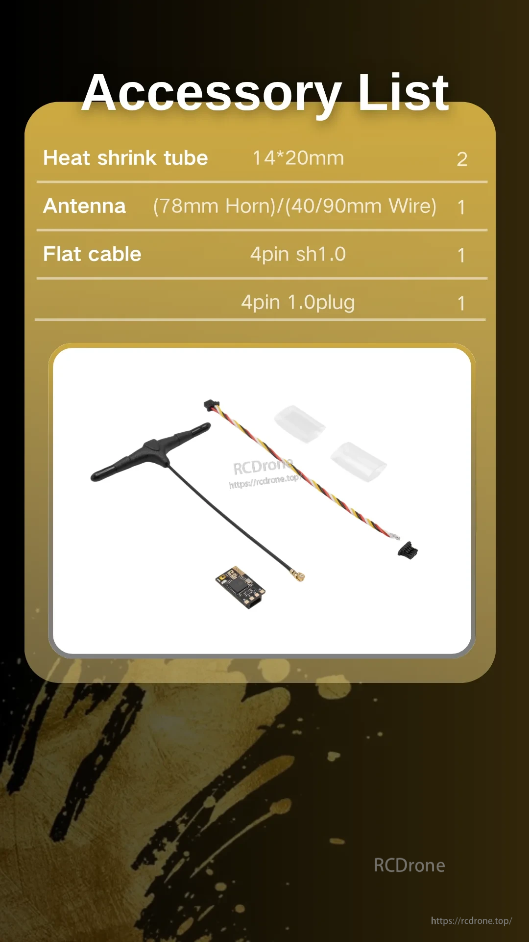RATE ELRS2.4G Pro Receiver package contents with antenna, flat cable, heat-shrink tubes, and receiver