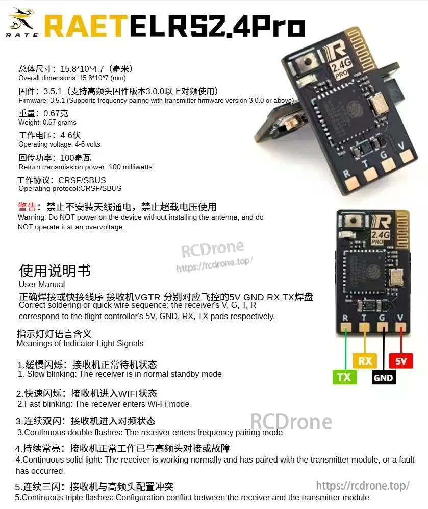 RATE ELRS2.4G Pro Receiver installation guide with labeled TX, RX, 5V, and ground connections