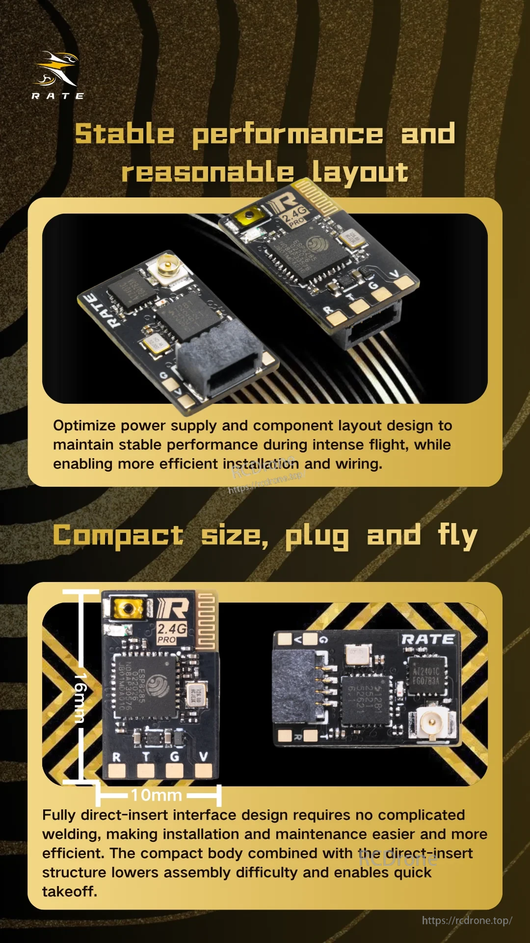 Compact RATE ELRS2.4G Pro Receiver board highlighting its optimized component layout and 16 x 10 mm size
