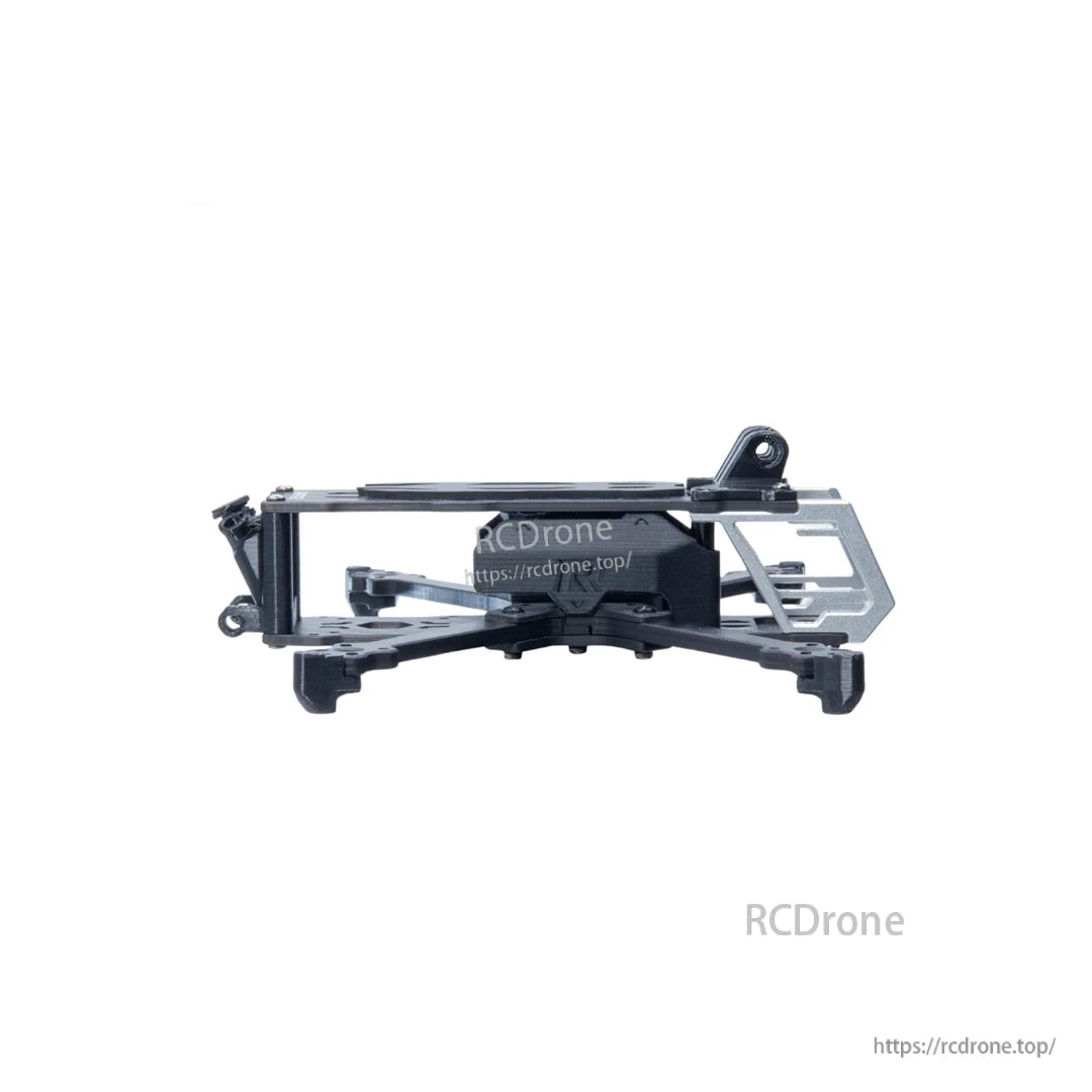 Side profile of assembled FPV frame showing stacked carbon fiber plates