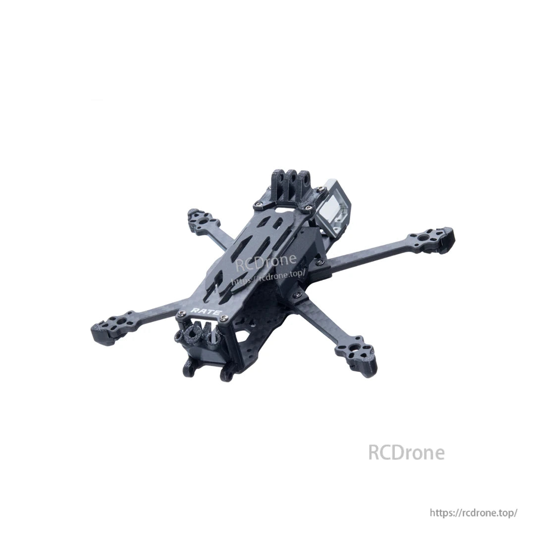 Assembled FPV frame with raised front camera mount, angled view