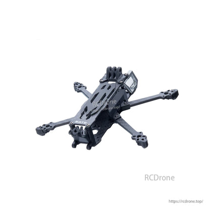 Assembled FPV frame with raised front camera mount, angled view