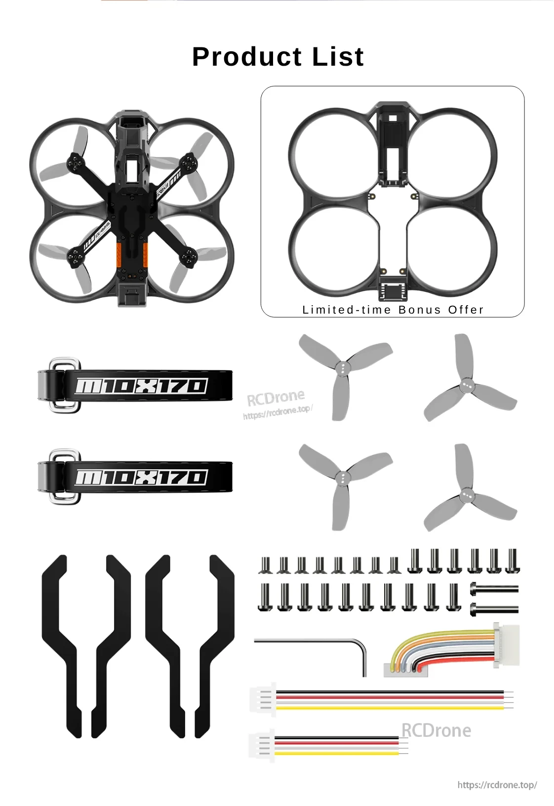Snap 30 product layout with frame, battery straps, propellers, hardware, tools, and wiring