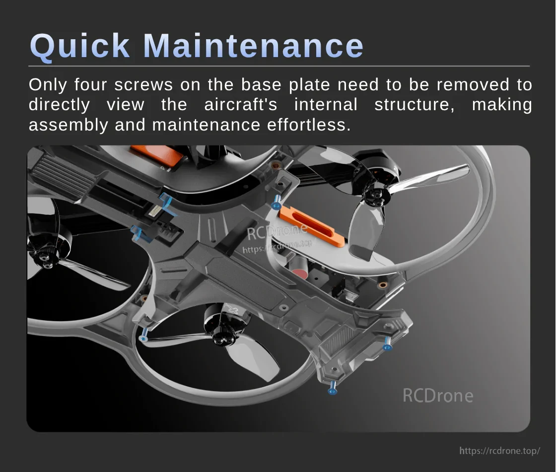 Snap 30 underside with four blue base-plate screws exposed for maintenance access