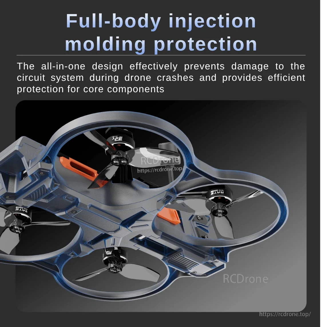 Snap 30 full-body injection-molded frame protecting motors, propellers, and core components