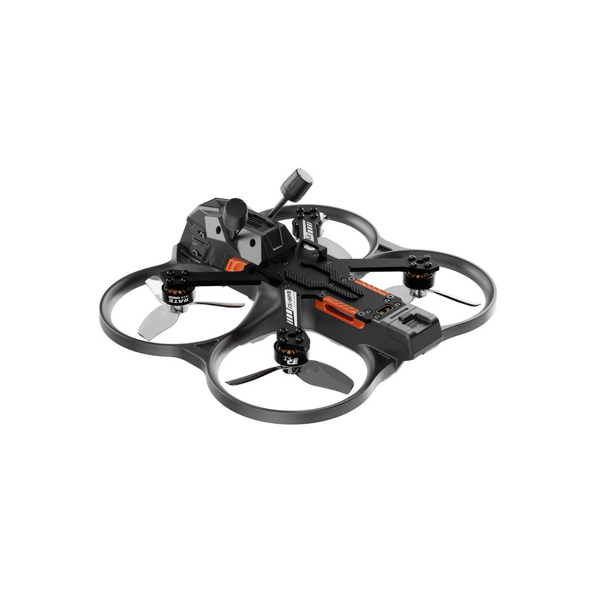 RATEFPV FPV drone with four ducted propeller guards, onboard camera, and compact black frame