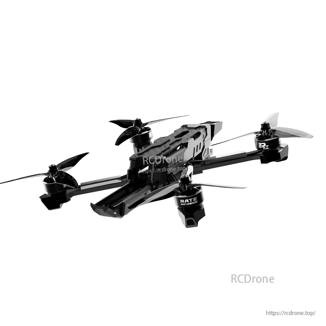 Rear three-quarter view of the freestyle drone with raised antenna mounts and propellers