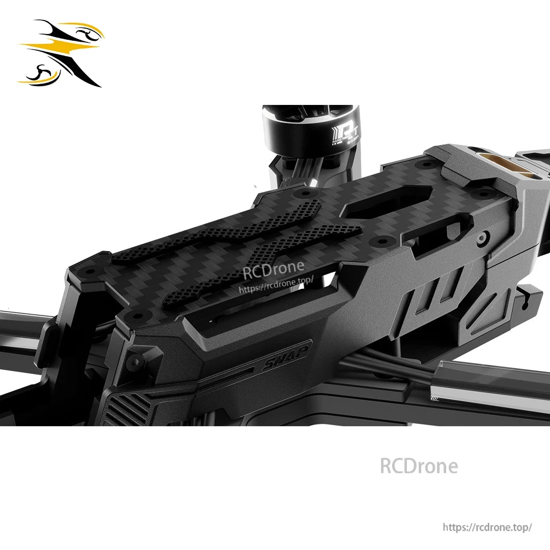 Close-up of the carbon fiber top plate and ventilated protective body shell