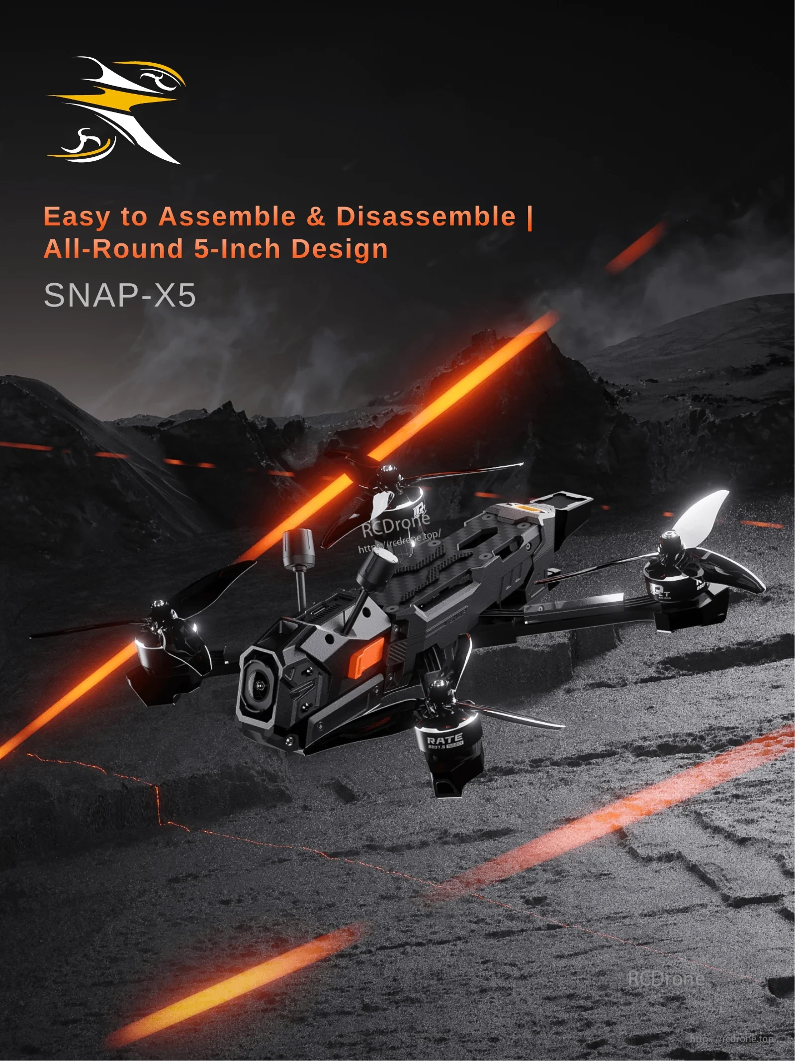 RATEFPV Snap X5 5-inch freestyle ELRS FPV drone in a rugged outdoor setting