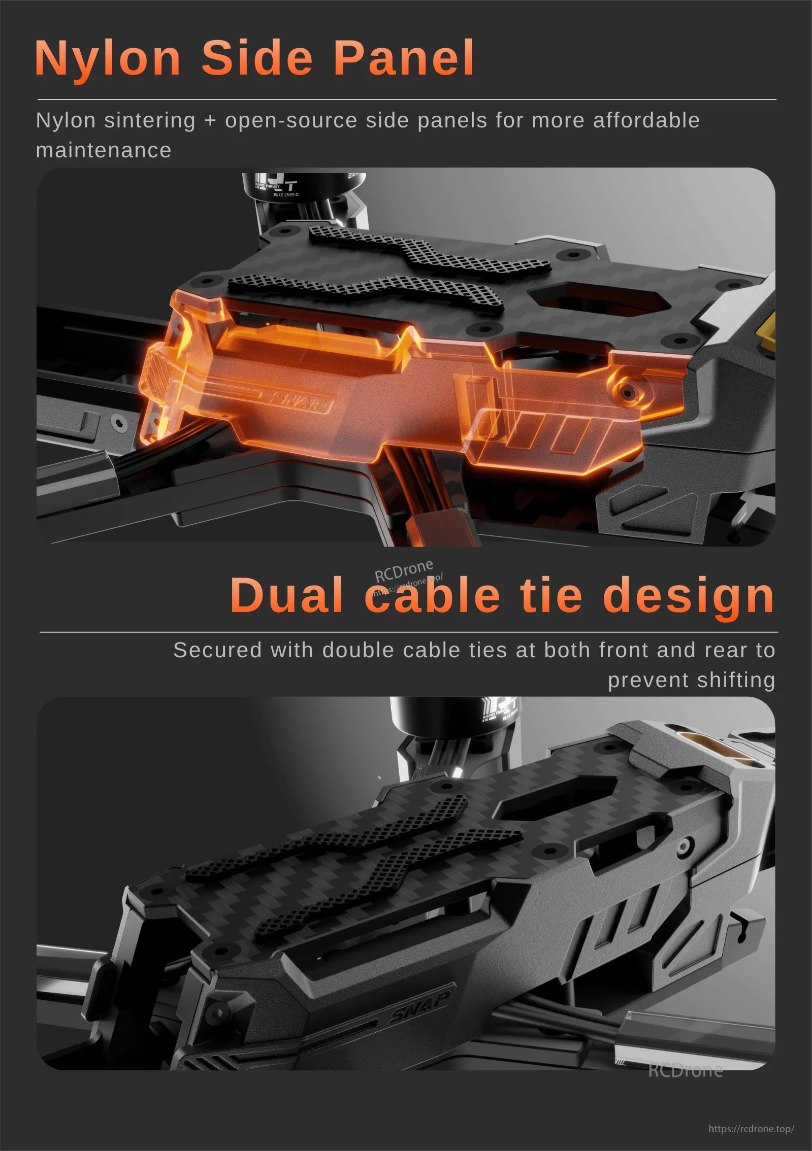 Snap X5 FPV drone nylon side panel and dual front and rear battery tie points