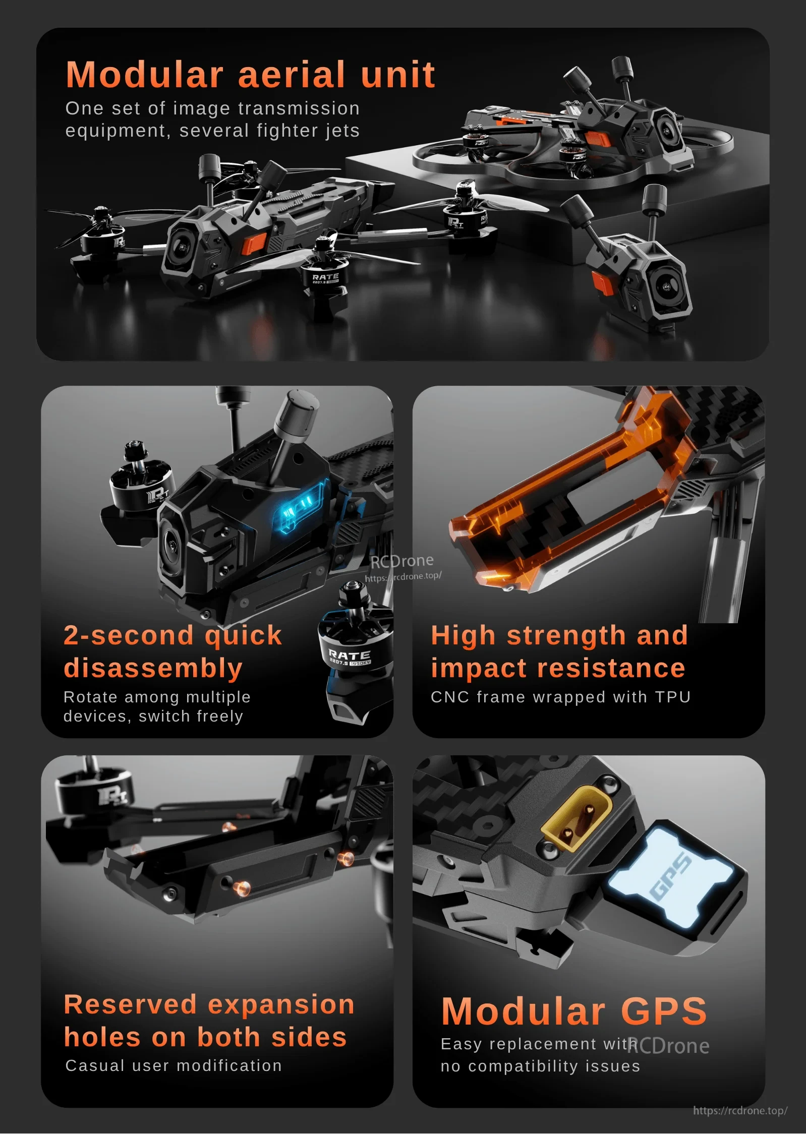 Snap X5 modular FPV drone showing quick-release aerial unit, reinforced frame, and GPS mount