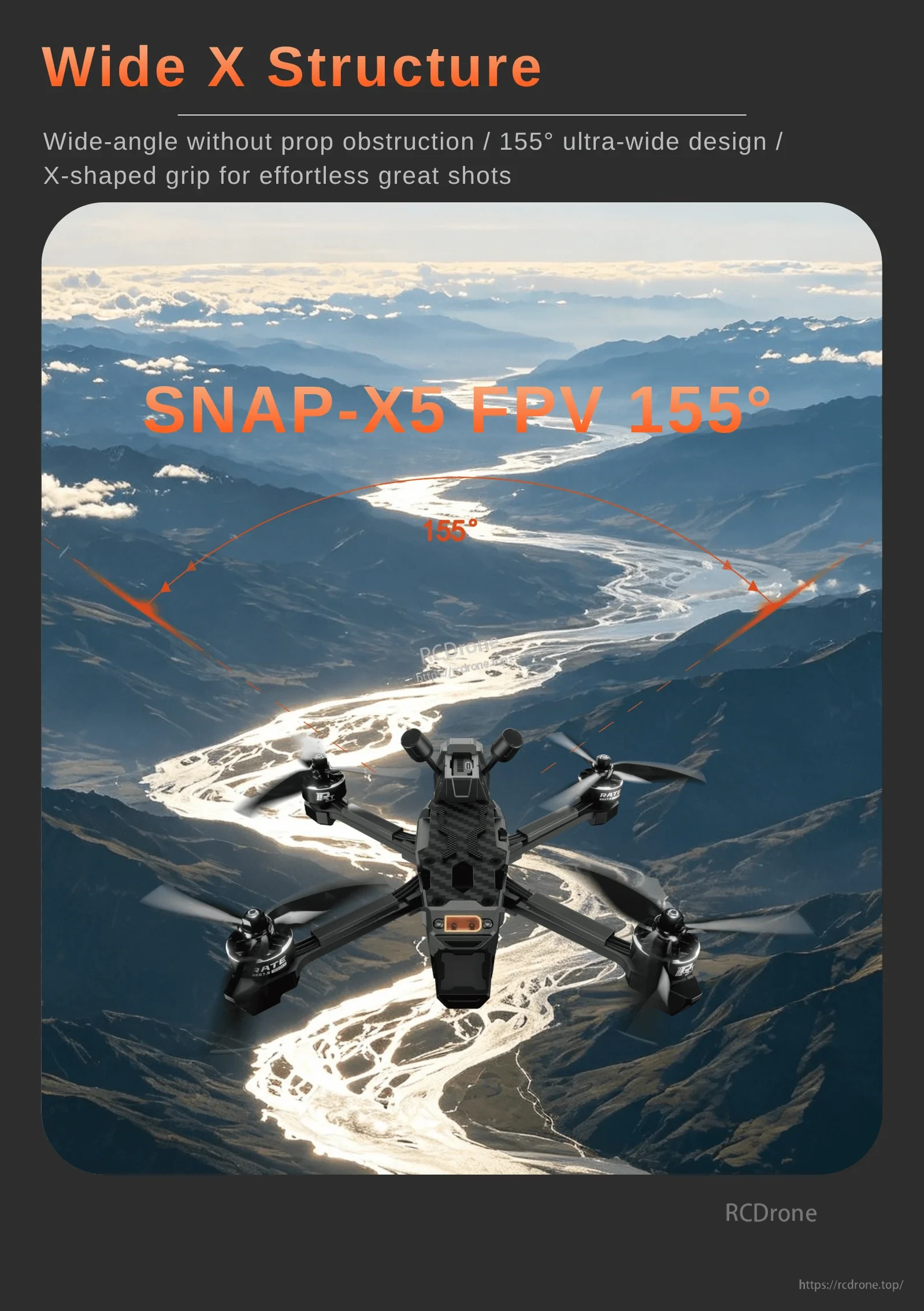 Snap X5 wide X-frame FPV drone with 155-degree forward field of view