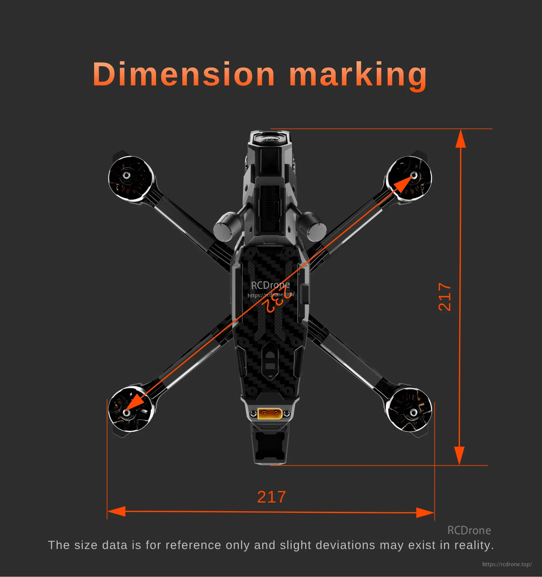 Snap X5 FPV drone dimension diagram showing 217 by 217 millimeter overall size