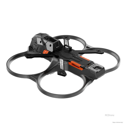 Angled rear view of the assembled 3-inch FPV drone frame with four propeller ducts