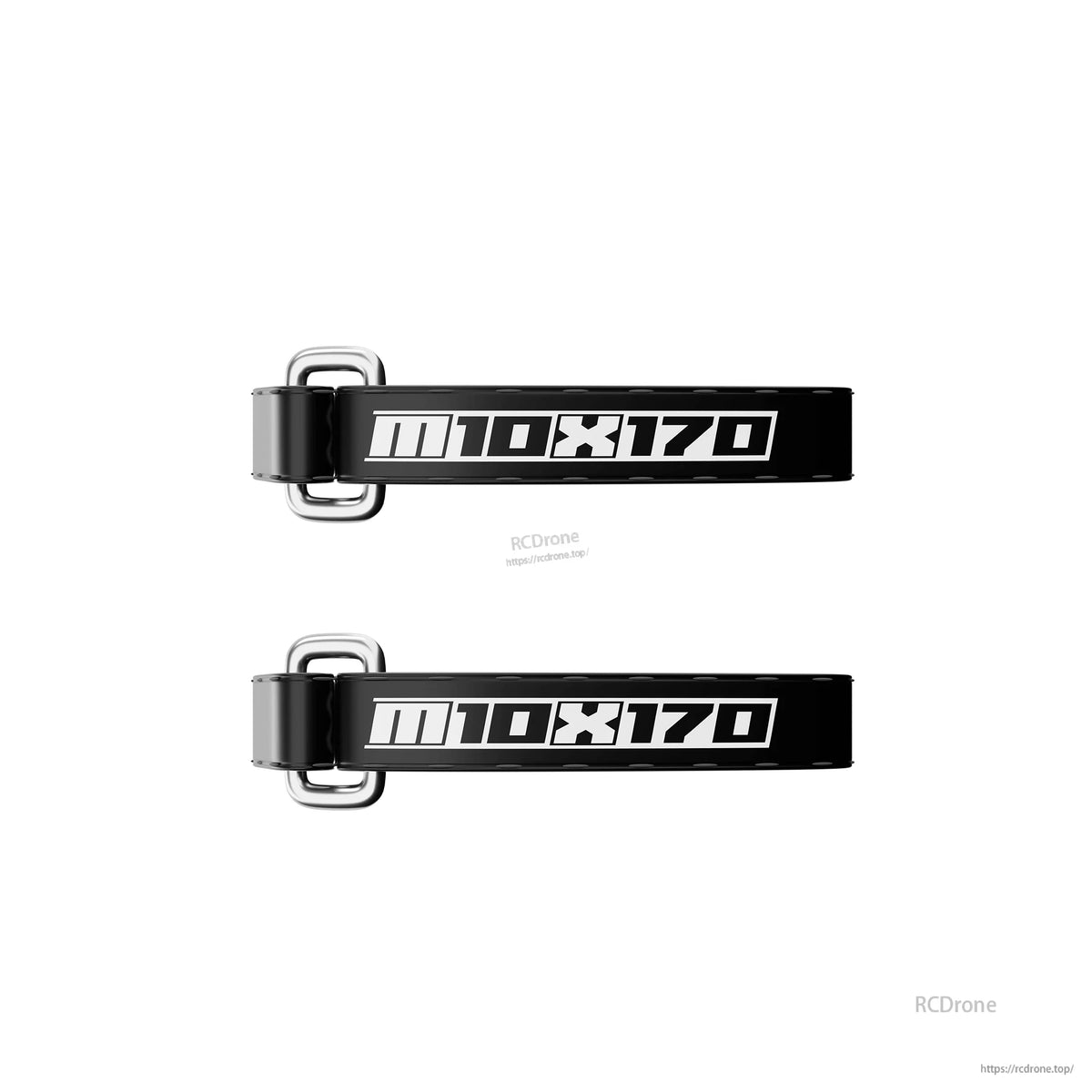 Pair of black branded battery straps with metal buckles for the FPV drone frame