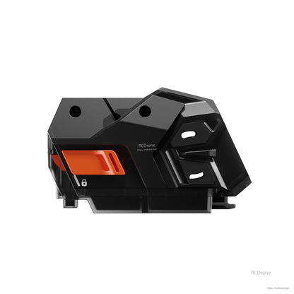 Black FPV camera canopy with orange 4-screw release latch, shown from the side