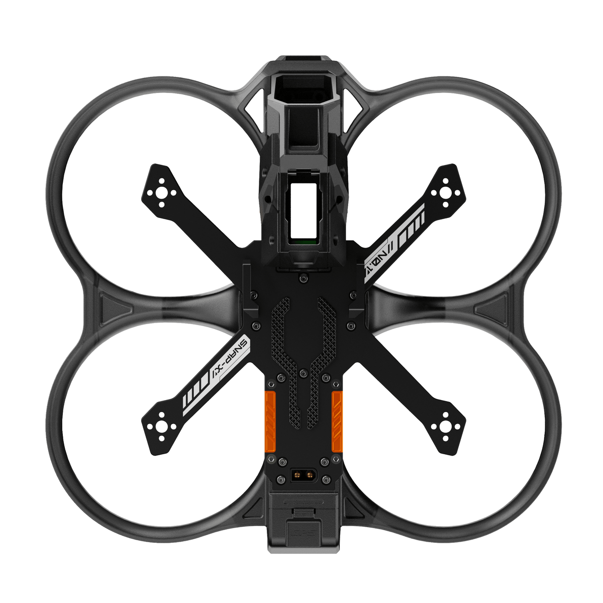Top view of Snap30 3-inch ducted FPV drone frame with X-shaped carbon fiber arms