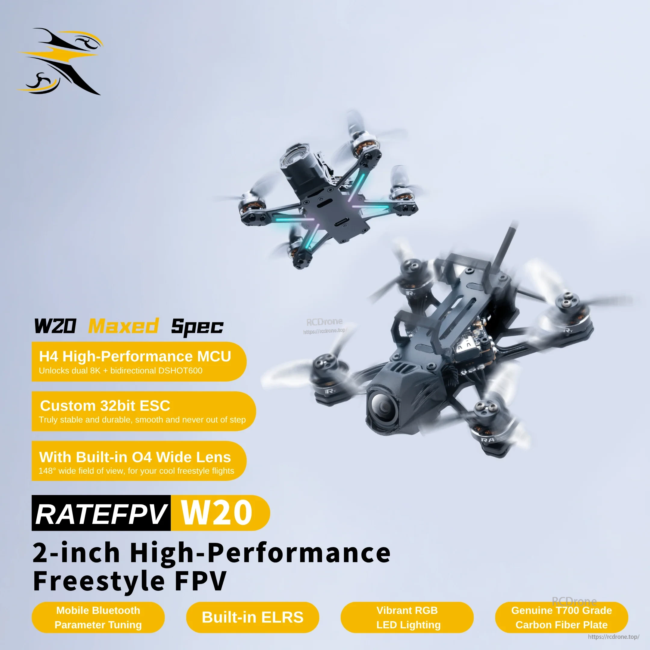 RATEFPV W20-O4 2-inch freestyle FPV drone with O4 Wide lens and RGB LED lighting