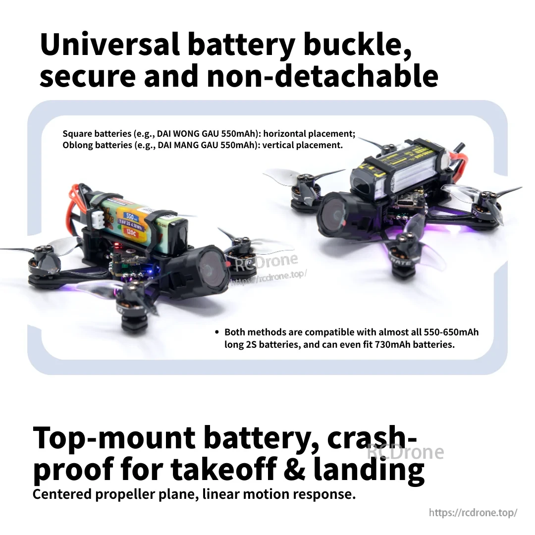 RATEFPV W20 top-mounted battery mounting with horizontal and vertical 2S battery placement
