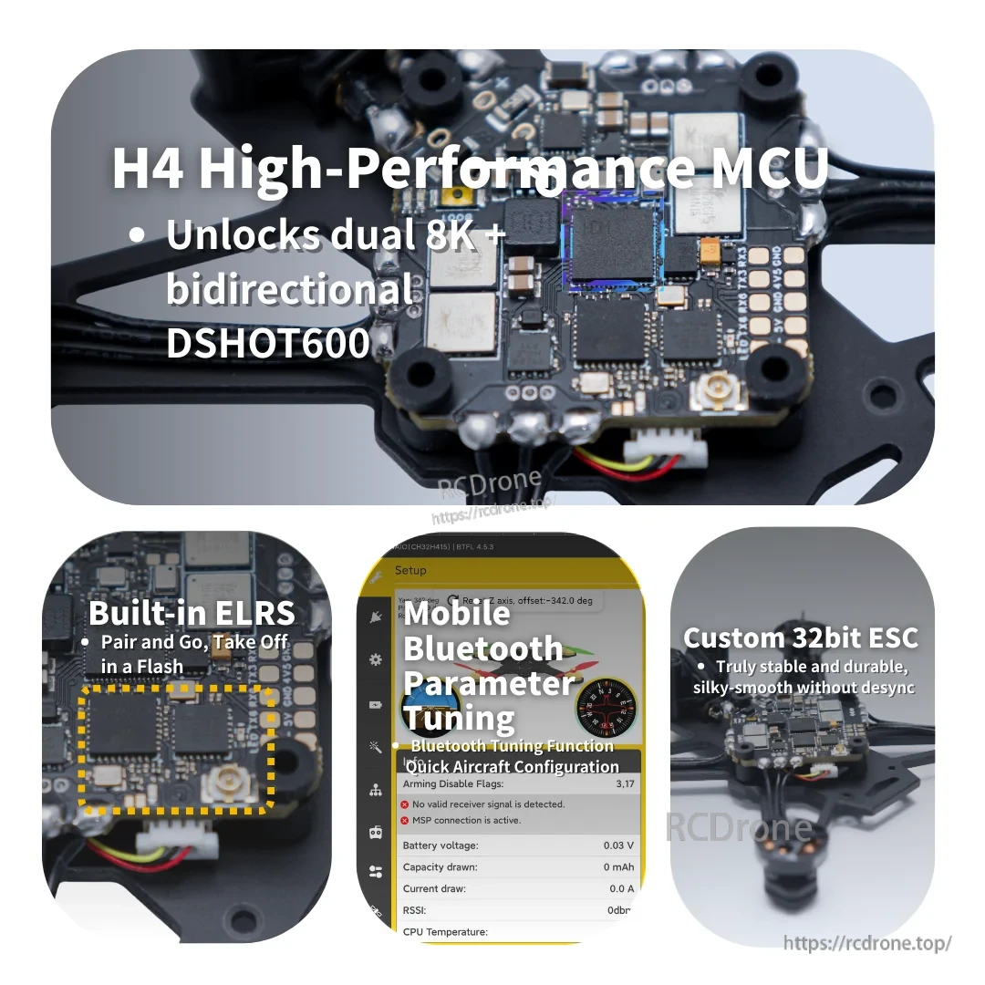 W20 flight controller and electronics showing H4 MCU, built-in ELRS, Bluetooth tuning, and 32-bit ESC