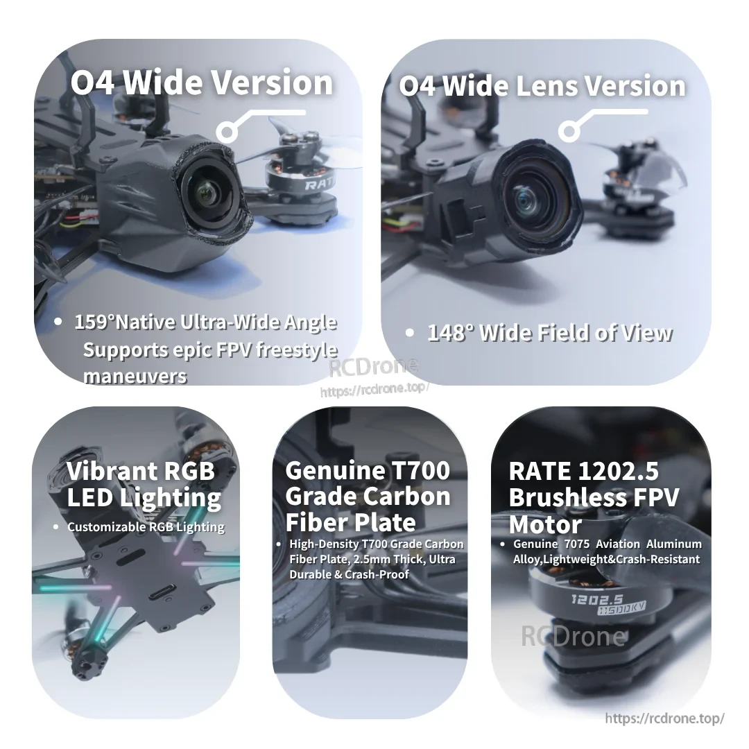 O4 Wide lens options, RGB LEDs, T700 carbon fiber plates, and RATE 1202.5 brushless motor details