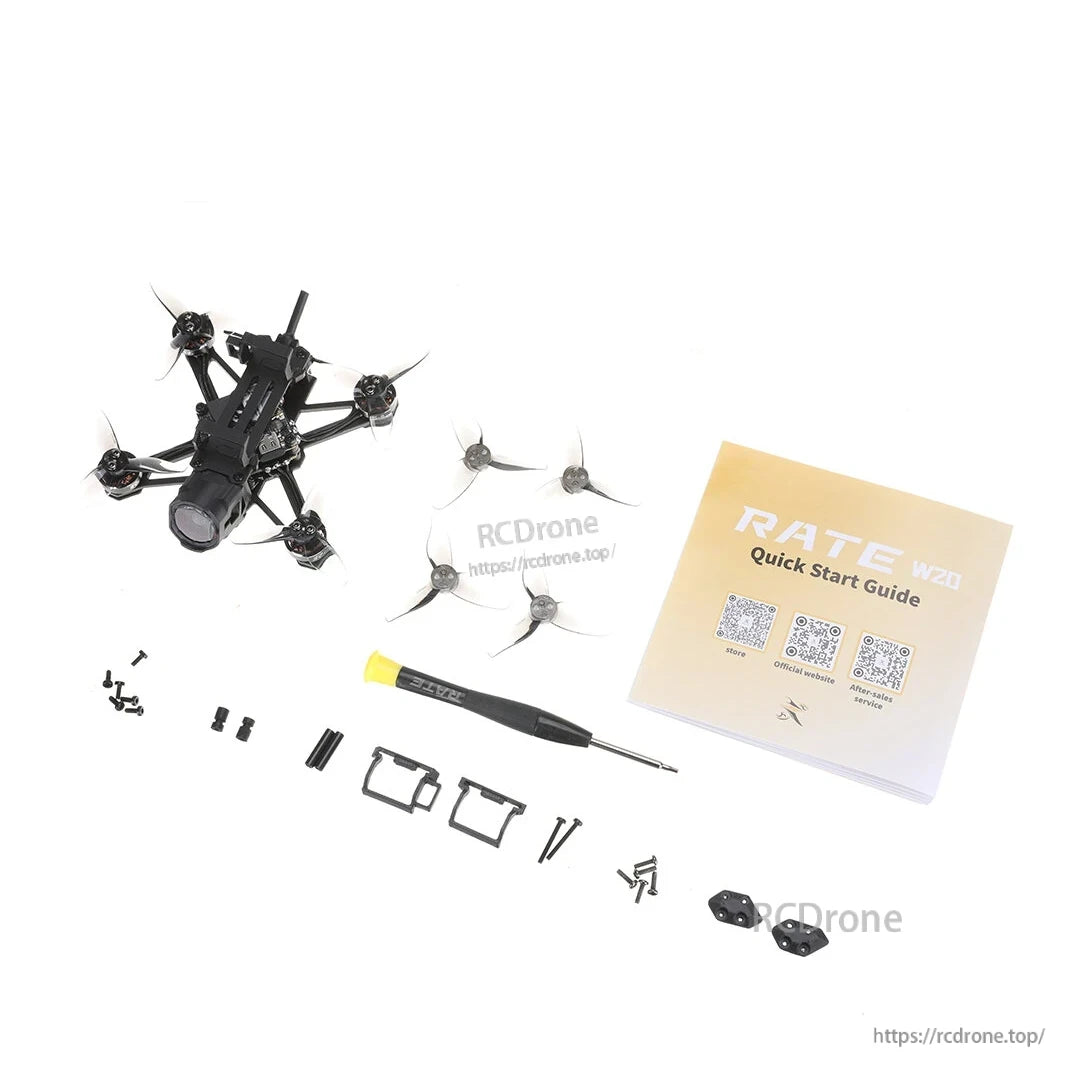 RATEFPV W20-O4 drone package contents with spare propellers, screws, mounts, and quick start guide