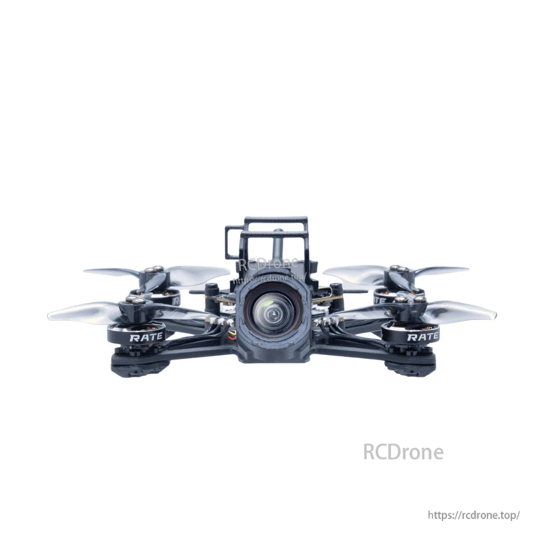 RATEFPV W20-O4 FPV drone low front view with camera lens, motors, and propeller guards