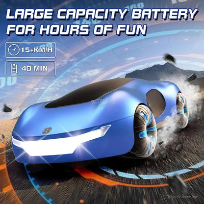RC Car, High-speed stunt car with large battery, 40-minute runtime, LED lights, sound effects, and 15+ km/h performance.
