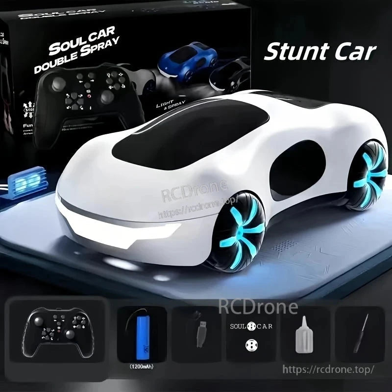 RC Car Concept Supercar with dual spray, LED lights & sound, powered by battery for up to 30-minute runs.